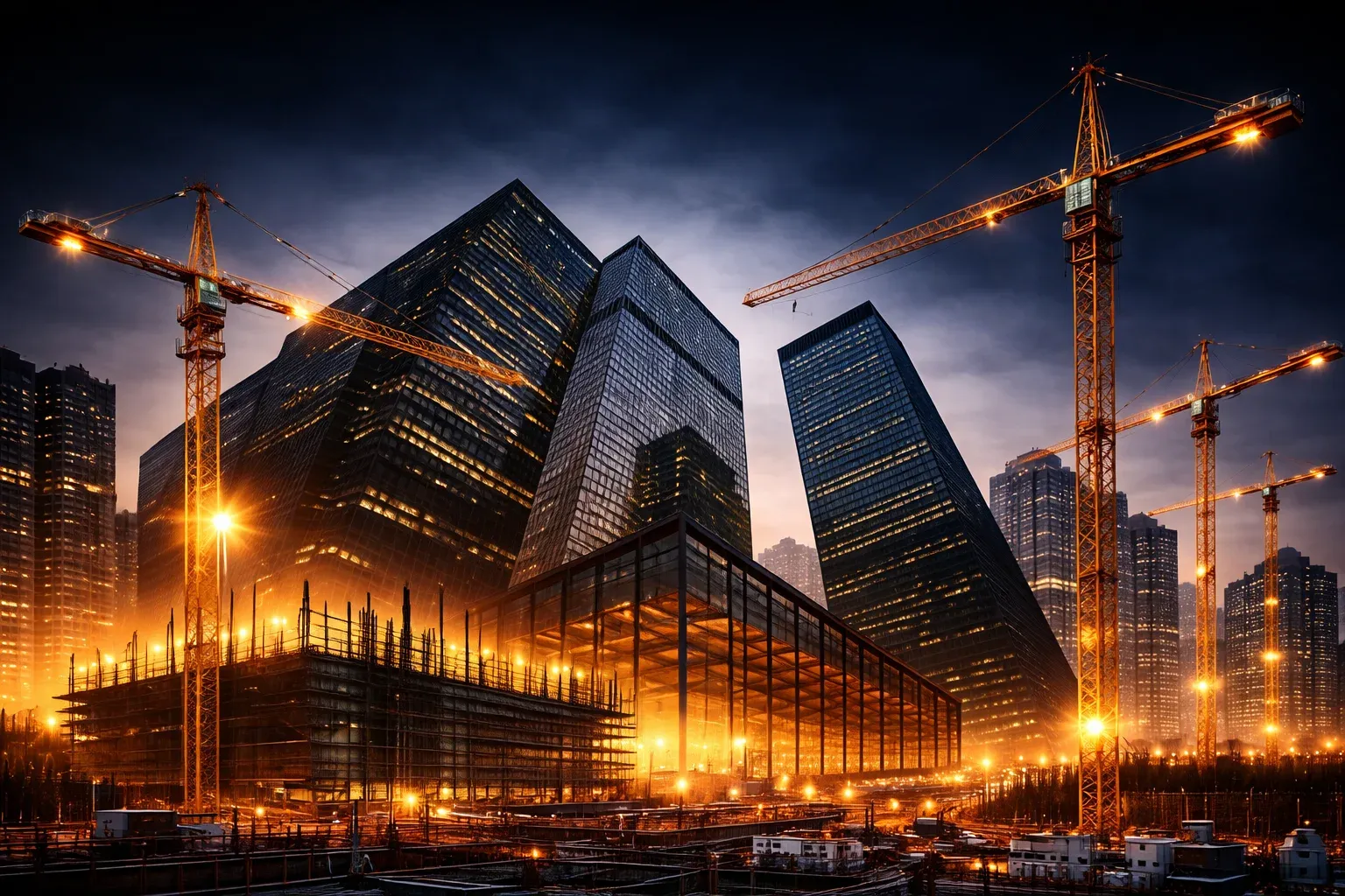 Edificios en construcción con grúas al atardecer