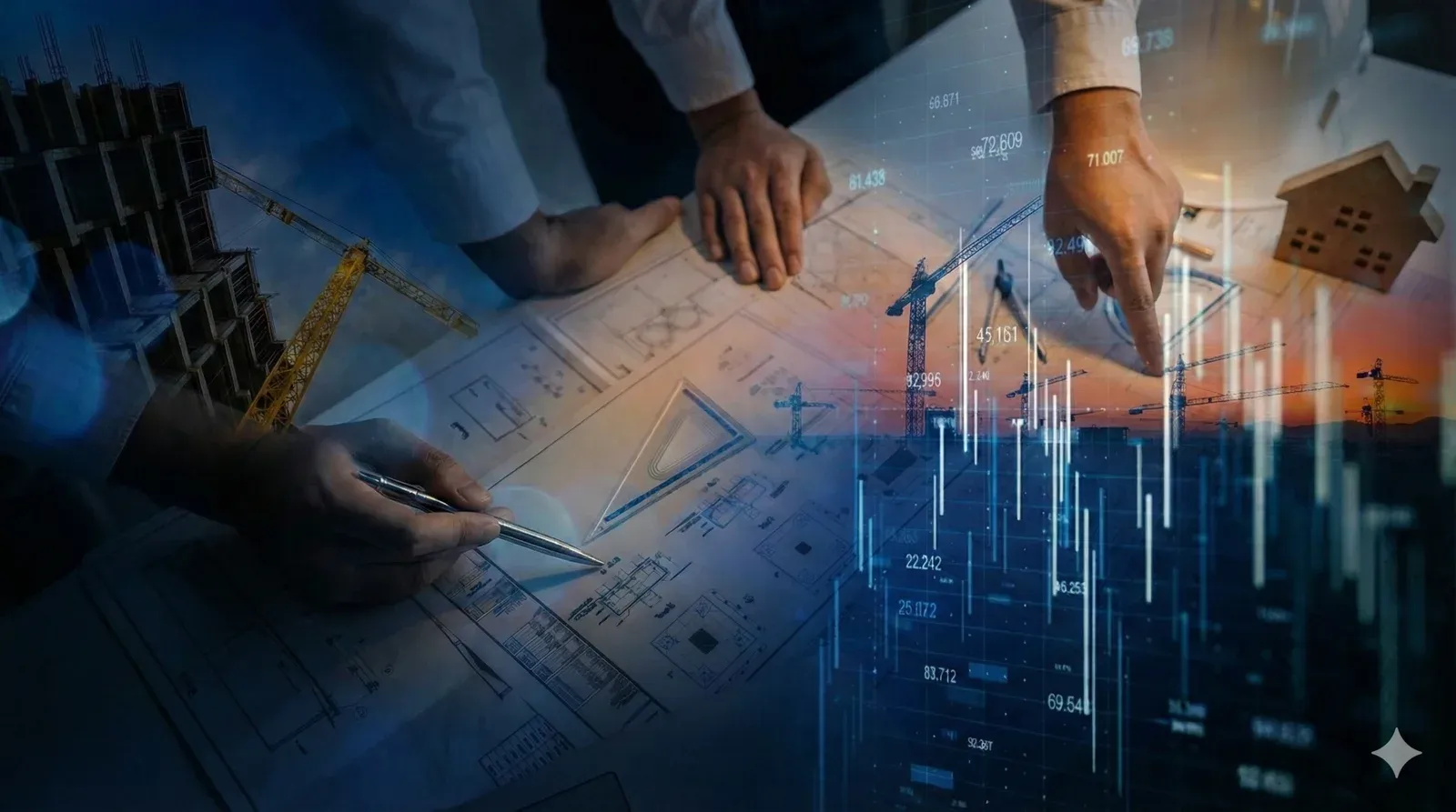 Especialistas revisando planos y datos de un proyecto de construcción