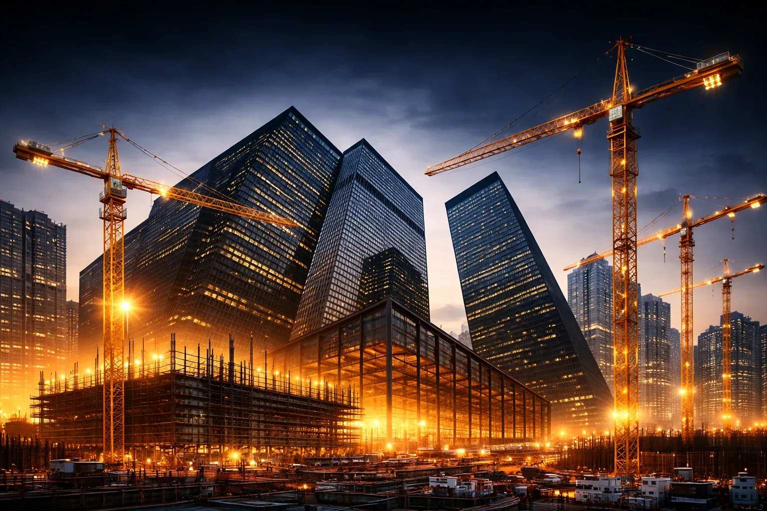 Proyecto de construcción iluminado al anochecer